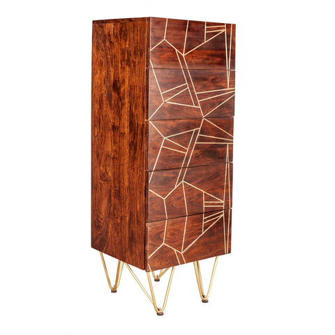 Indian Hub Dark Gold Wood Tall Chest of Drawers - Joshua Interiors Home Furniture and Accessories