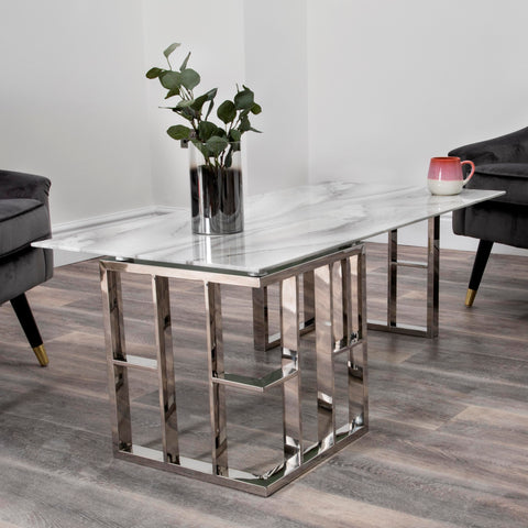 Native H&L Manhattan White Marble Glass And Silver Coffee Table - Joshua Interiors Home Furniture and Accessories