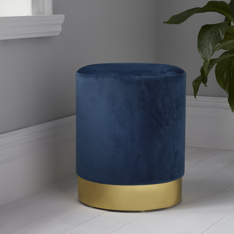 Native H&L Blue Velvet With Gold Accent Footstool / Pouffe - Joshua Interiors Home Furniture and Accessories