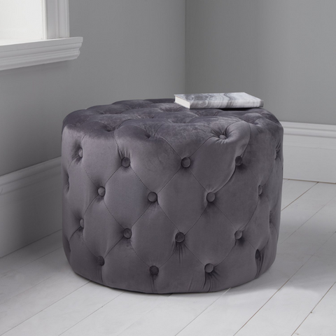 Native H&L Grey Velvet Tufted Footstool / Pouffe - Joshua Interiors Home Furniture and Accessories