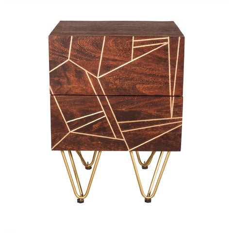 Indian Hub Dark Gold 2 Drawer Wood Side Table / Bedside Table - Joshua Interiors Home Furniture and Accessories
