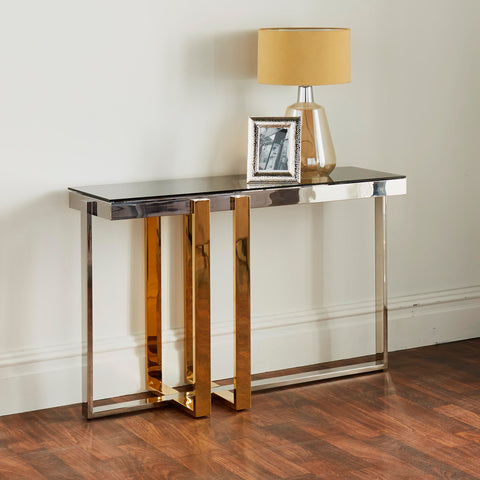 Native H&L Nexus Gold And Silver Glass Console Table - Joshua Interiors Home Furniture and Accessories