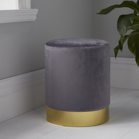 Native H&L Grey Velvet With Gold Accent Footstool / Pouffe - Joshua Interiors Home Furniture and Accessories